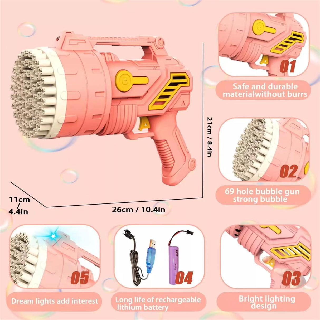 69-Hole Bubble Gun Hand-Held Automatic Bubble Machine Luminous Kids Toy Pink