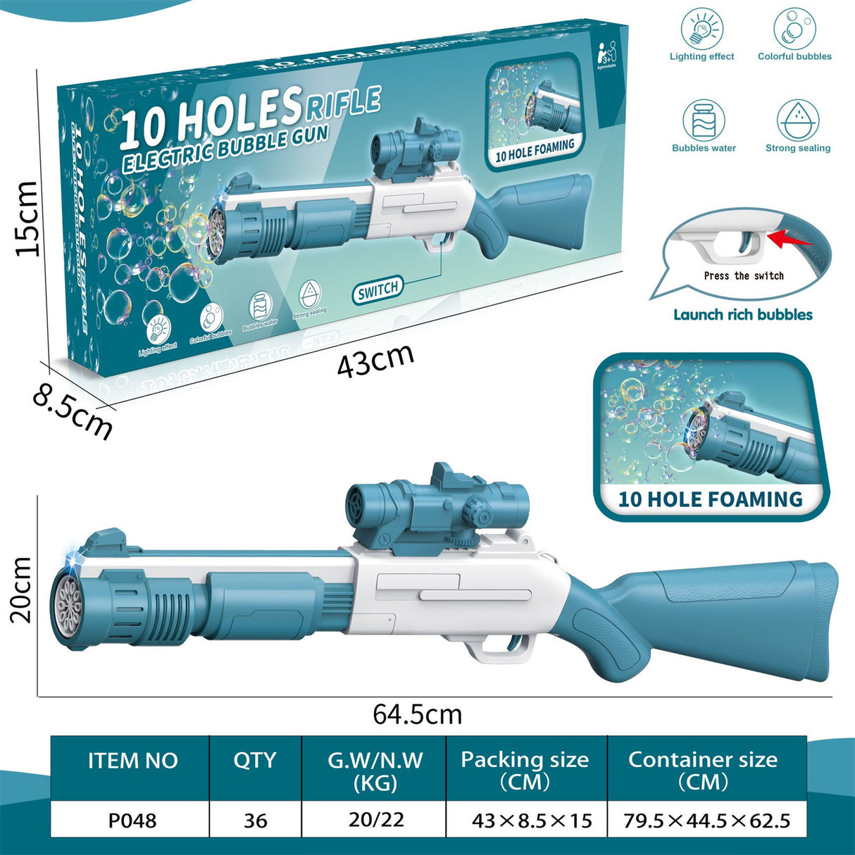 Bubble Machine Fully Automatic Hand-Held Spray Gun Electric 10-Hole Toy Blue
