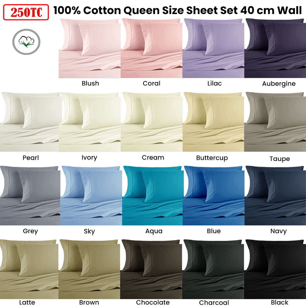 250TC 100% Cotton Sheet Set Queen Black