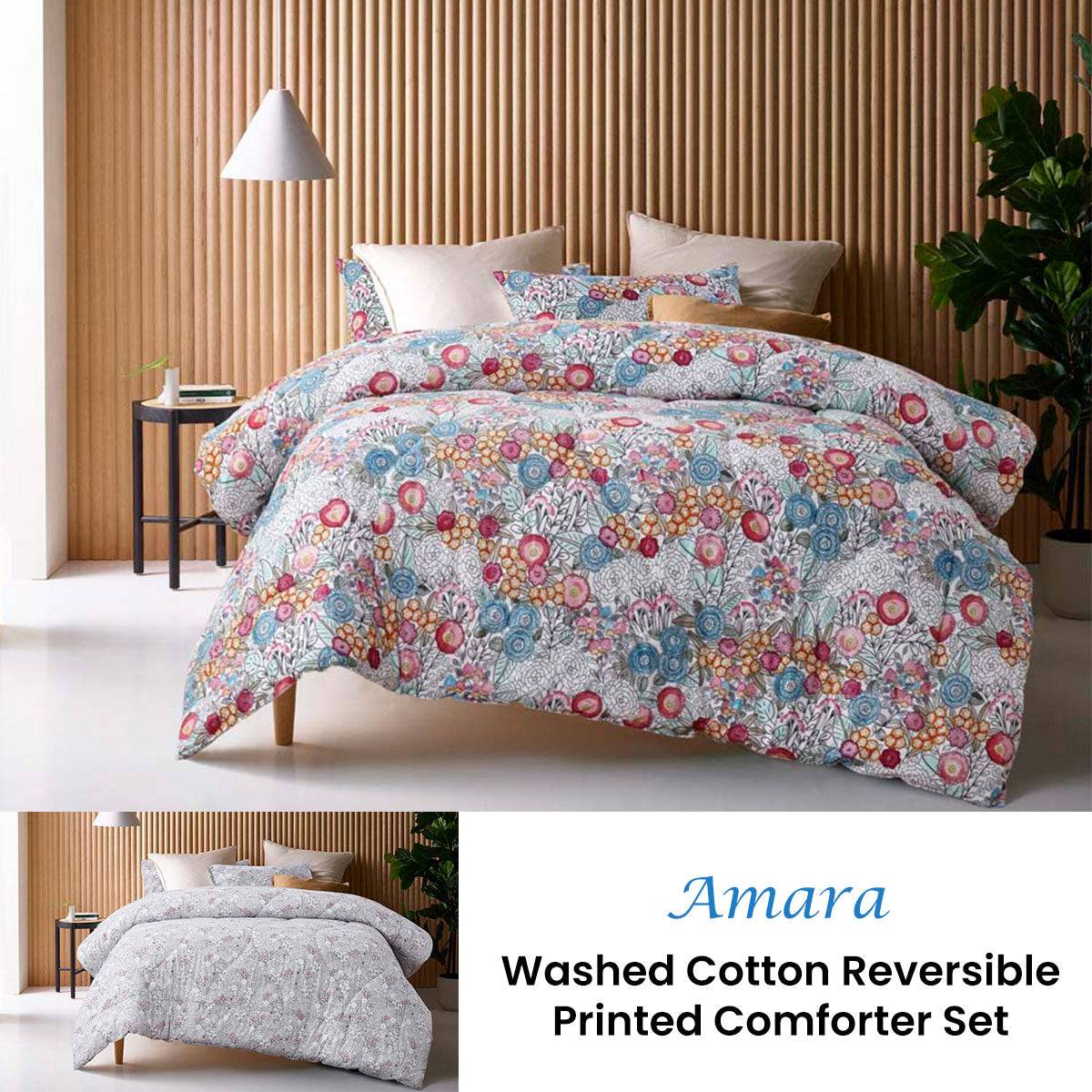 Amara Washed Cotton Printed Reversible Comforter Set Queen
