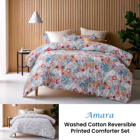 Amara Washed Cotton Printed Reversible Comforter Set Queen