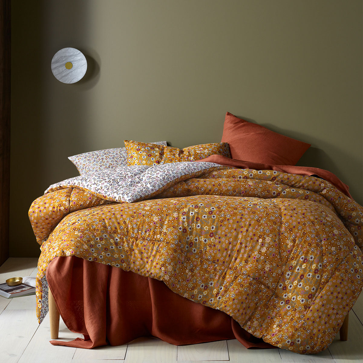Lisa Ochre Washed Cotton Printed 3 Piece Comforter Set Queen