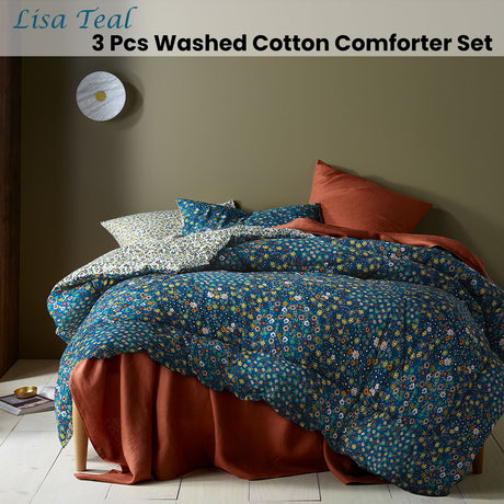 Lisa Teal Washed Cotton Printed 3 Piece Comforter Set Queen
