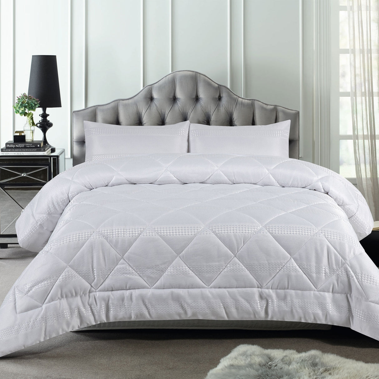 3 Piece Waffle White Comforter Set Queen