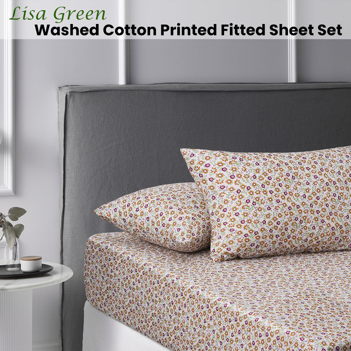 Lisa Green Washed Cotton Printed Fitted Sheet Set King Single