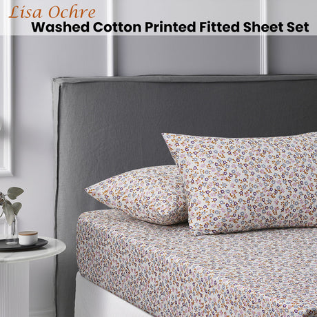Lisa Ochre Washed Cotton Printed Fitted Sheet Set King