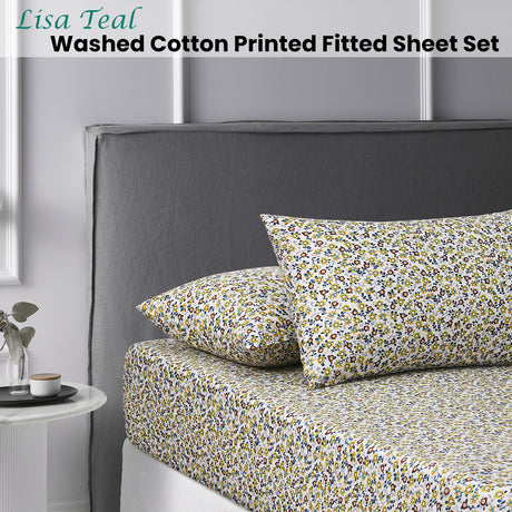 Lisa Teal Washed Cotton Printed Fitted Sheet Set Double