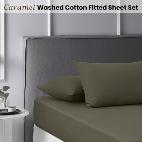Caramel Washed Cotton Fitted Sheet Set King