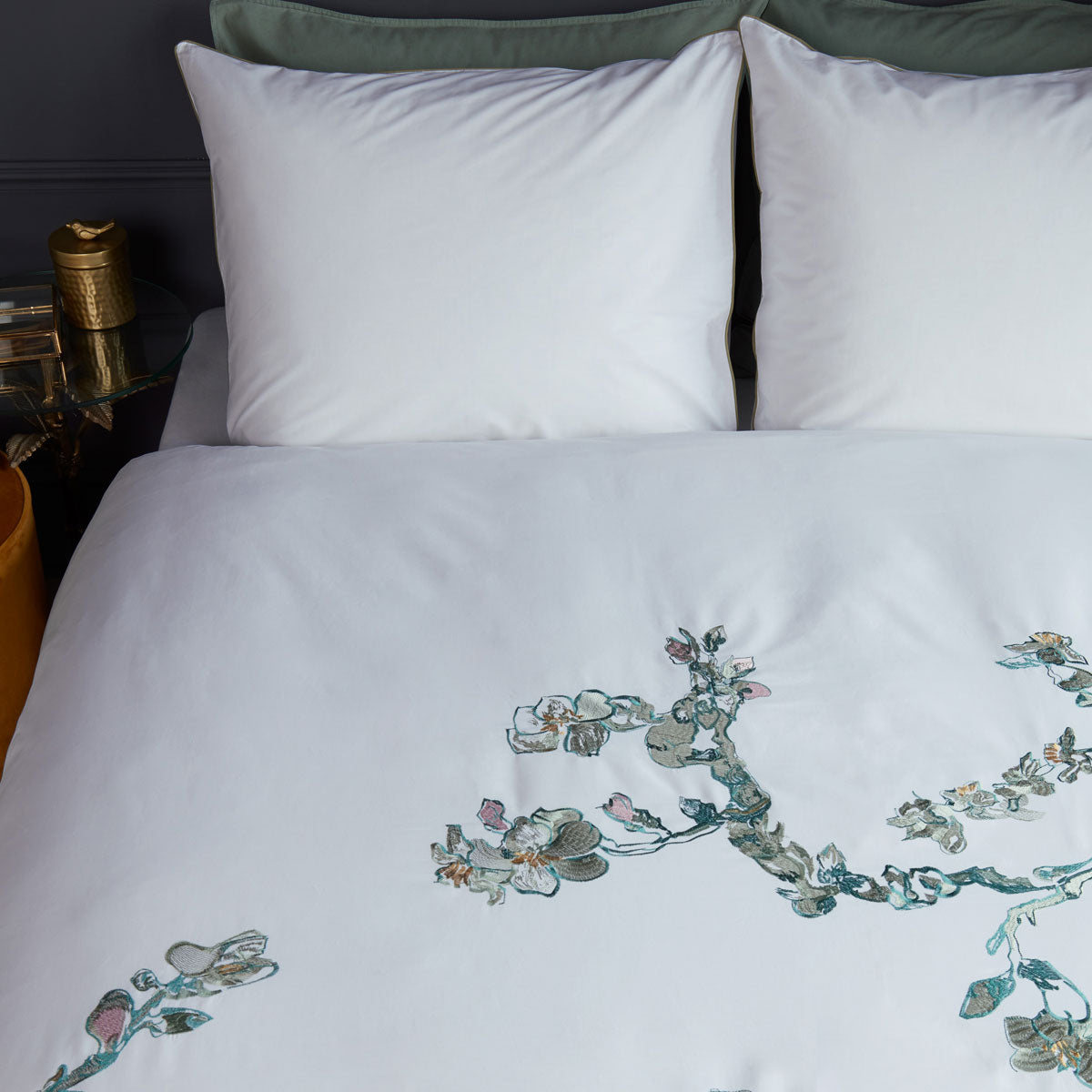 Van Gogh Embroidered Blossom White Cotton Sateen Quilt Cover Set Queen
