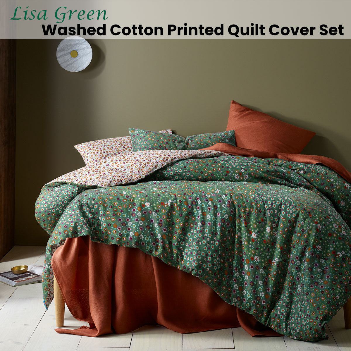 Lisa Green Washed Cotton Printed Quilt Cover Set Queen