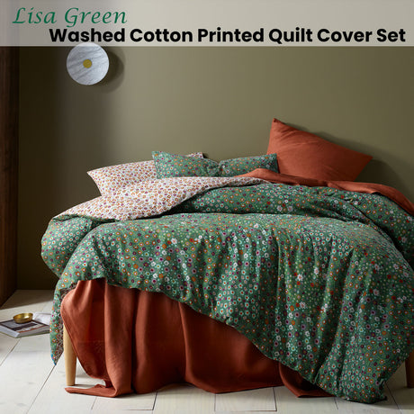 Lisa Green Washed Cotton Printed Quilt Cover Set Queen