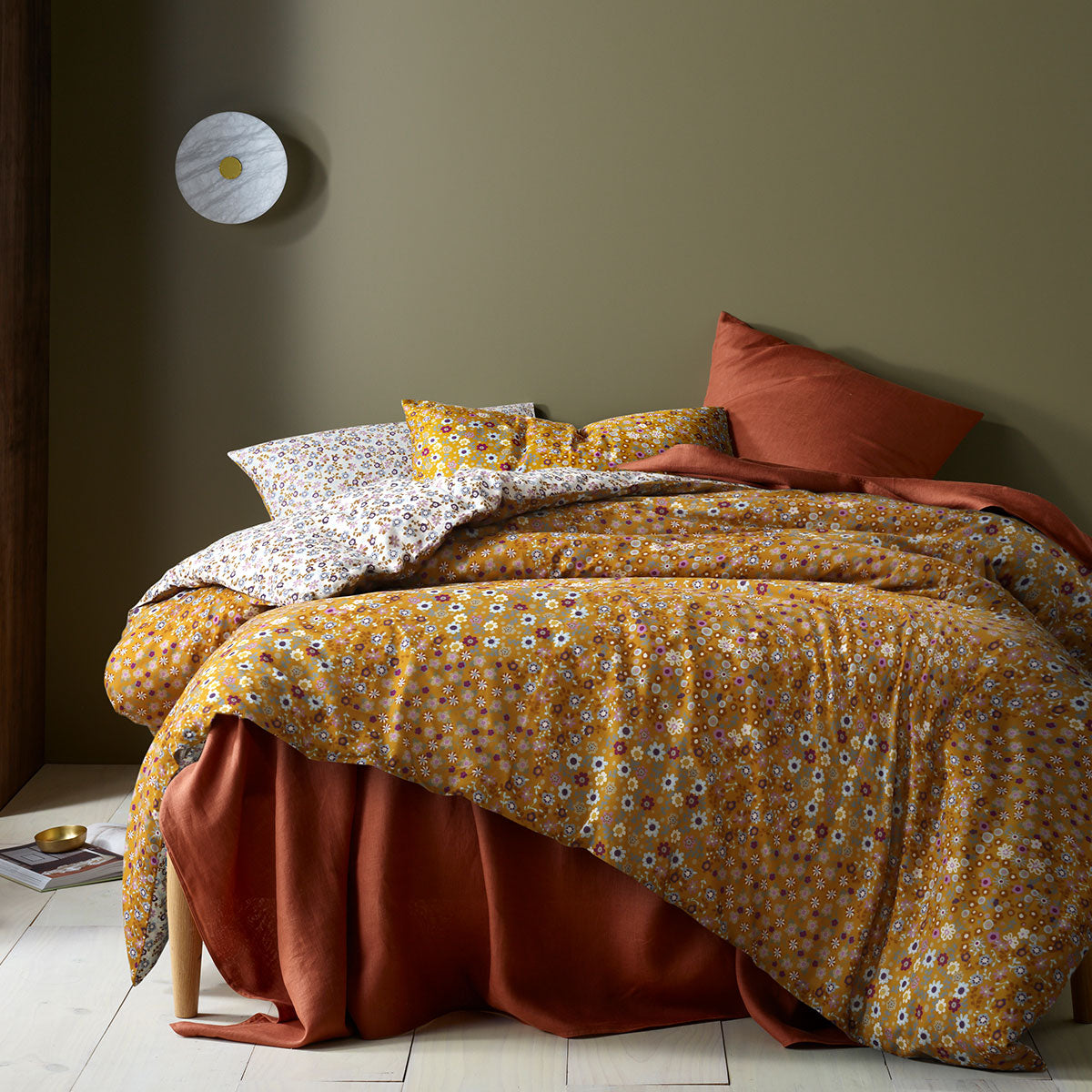 Lisa Ochre Washed Cotton Printed Quilt Cover Set Queen