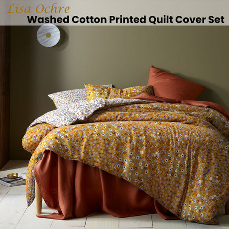 Lisa Ochre Washed Cotton Printed Quilt Cover Set Queen