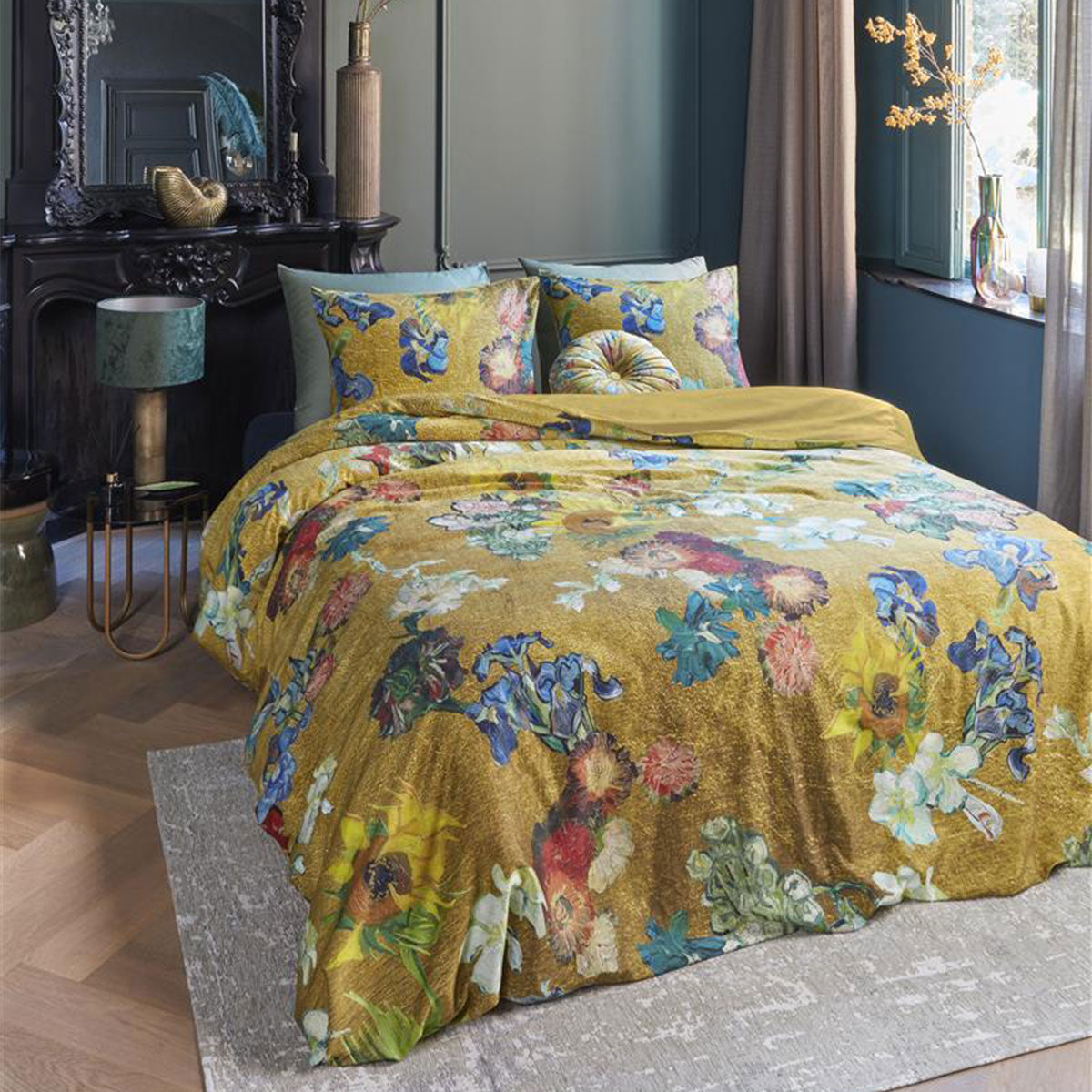 Van Gogh Partout des Fleurs Gold Cotton Sateen Quilt Cover Set Queen