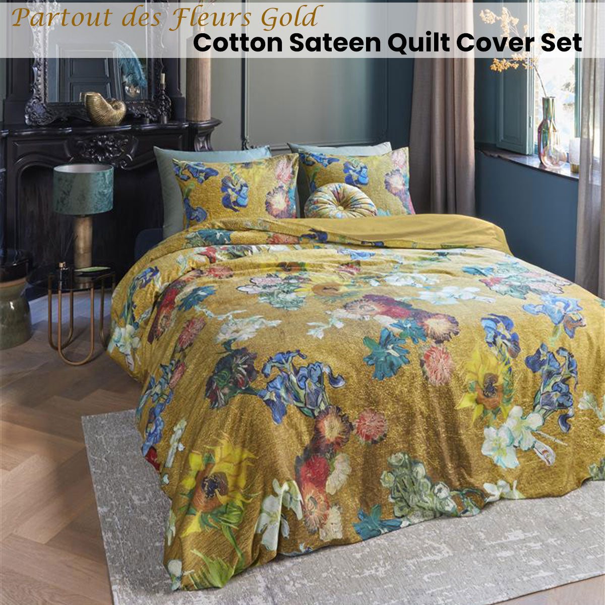 Van Gogh Partout des Fleurs Gold Cotton Sateen Quilt Cover Set Queen