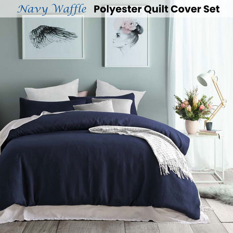 Navy Waffle Polyester Quilt Cover Set Queen