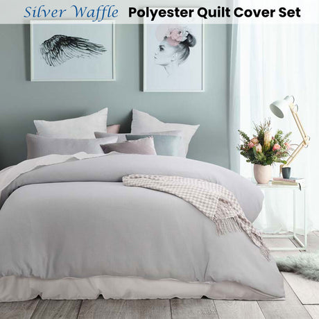 Silver Waffle Polyester Quilt Cover Set Queen