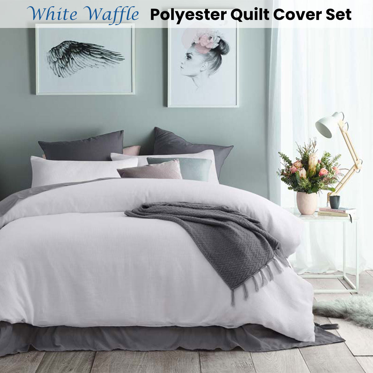 White Waffle Polyester Quilt Cover Set Double