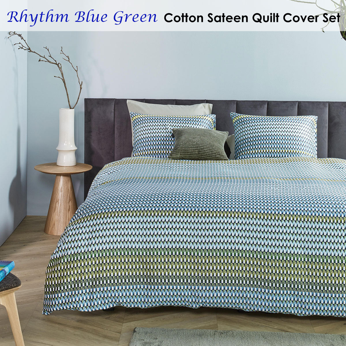 Rhythm Blue Green Cotton Sateen Quilt Cover Set Queen