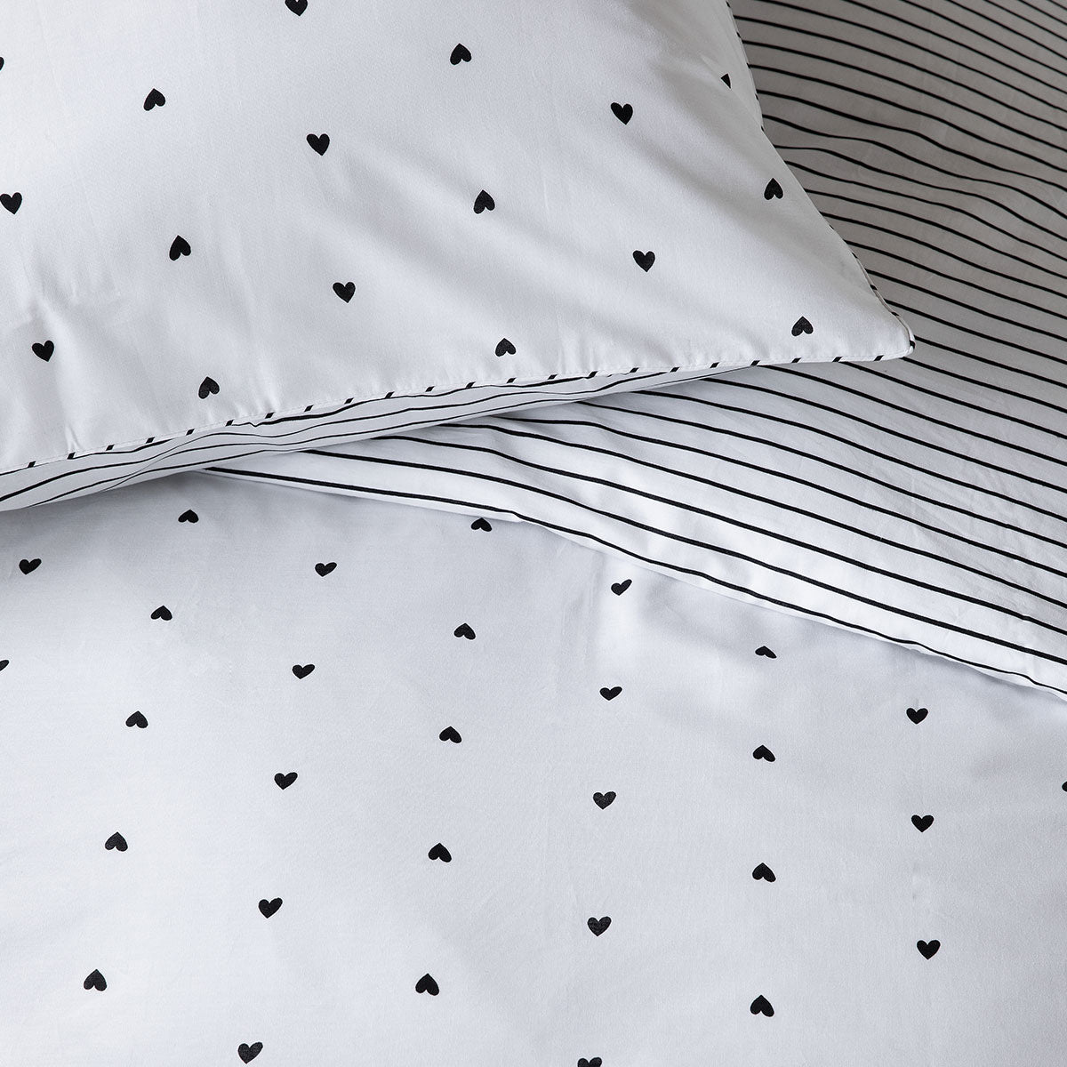 Striped Hearts Black & White Cotton Quilt Cover Set King