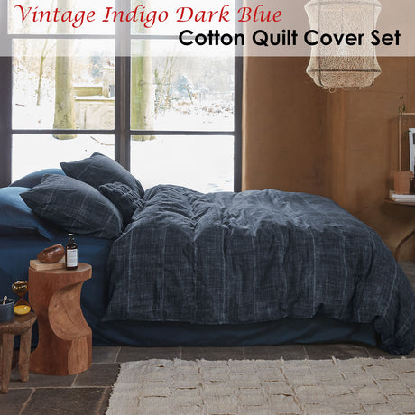 Vintage Indigo Dark Blue Cotton Quilt Cover Set Queen