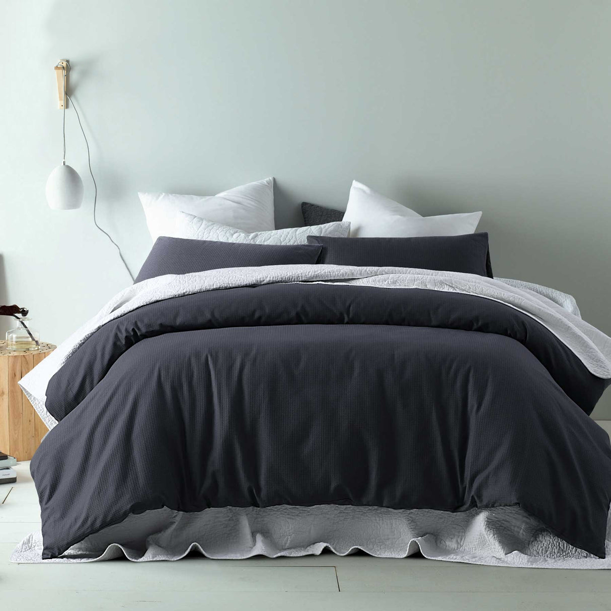 Waffle Slate Cotton Blend Quilt Cover Set Queen