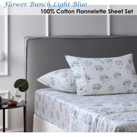 Cotton Flannelette Sheet Set Flower Bunch Light Blue Double
