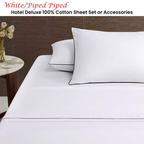 White/Black Piped Hotel Deluxe Cotton Sheet Set Queen