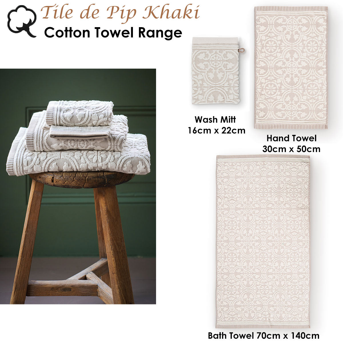 Tile de Pip Khaki Wash Mitt 16cm x 22cm