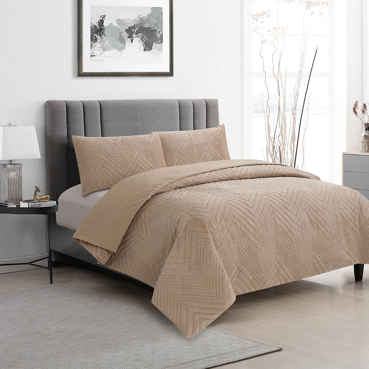 Hana Champagne Embossed Velvet Quilt Cover Set King