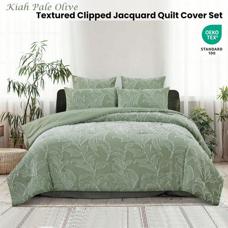 Kiah Pale Olive Textured Clipped Jacquard Quilt Cover Set Queen