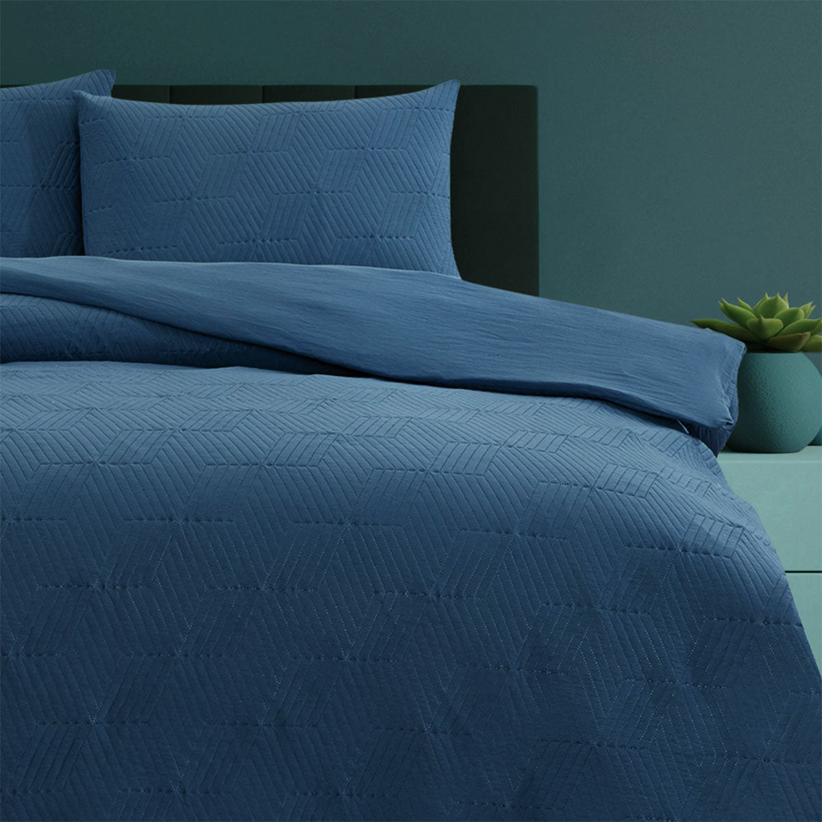 Maxwell Navy Embossed Vintage Washed Quilt Cover Set Queen