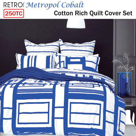 250TC Cotton Rich Metropol Cobalt Quilt Cover Set Queen