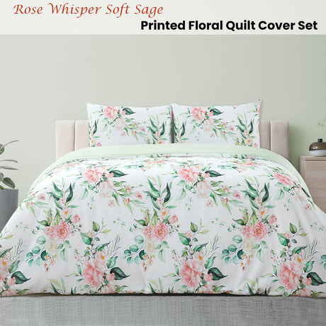 Rose Whisper Soft Sage Printed Floral Quilt Cover Set Double