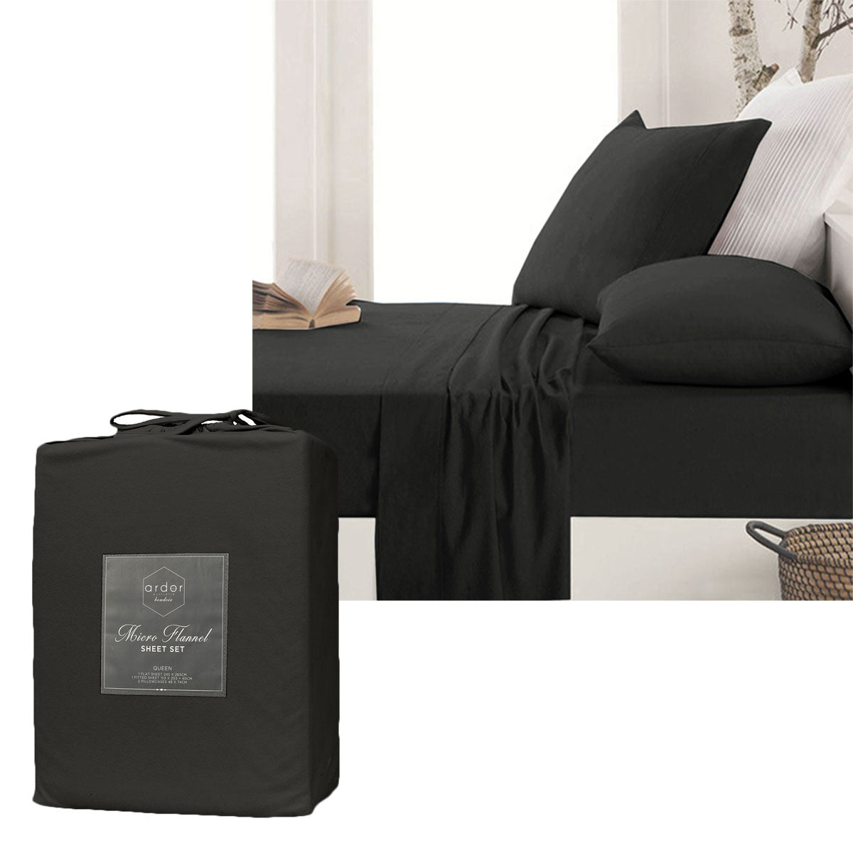 Micro Flannel Sheet Set Charcoal Mega Queen