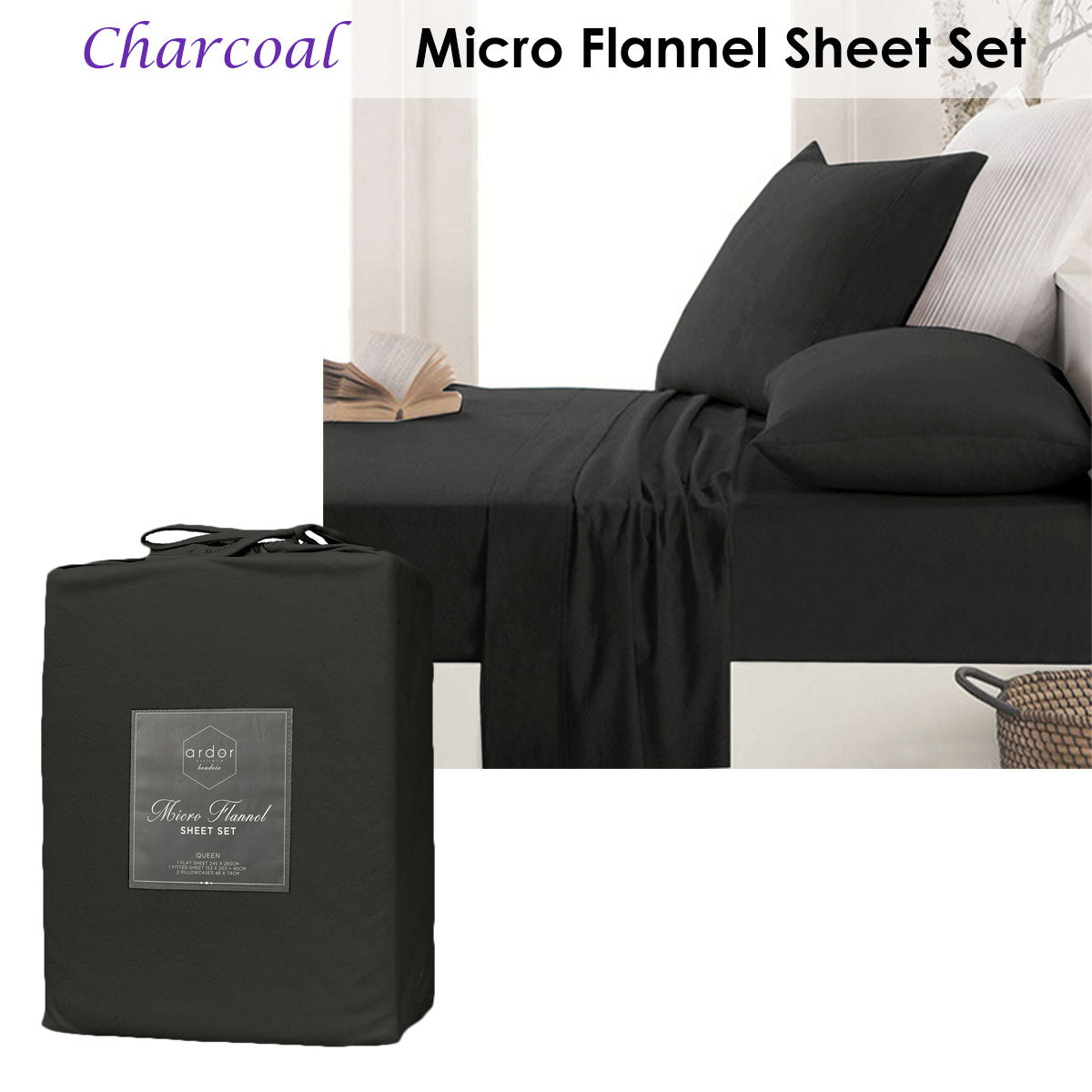 Micro Flannel Sheet Set Charcoal Mega Queen