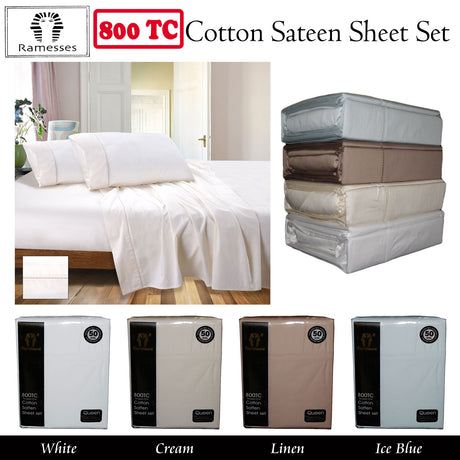800TC  Cotton Sateen Sheet Set White Queen