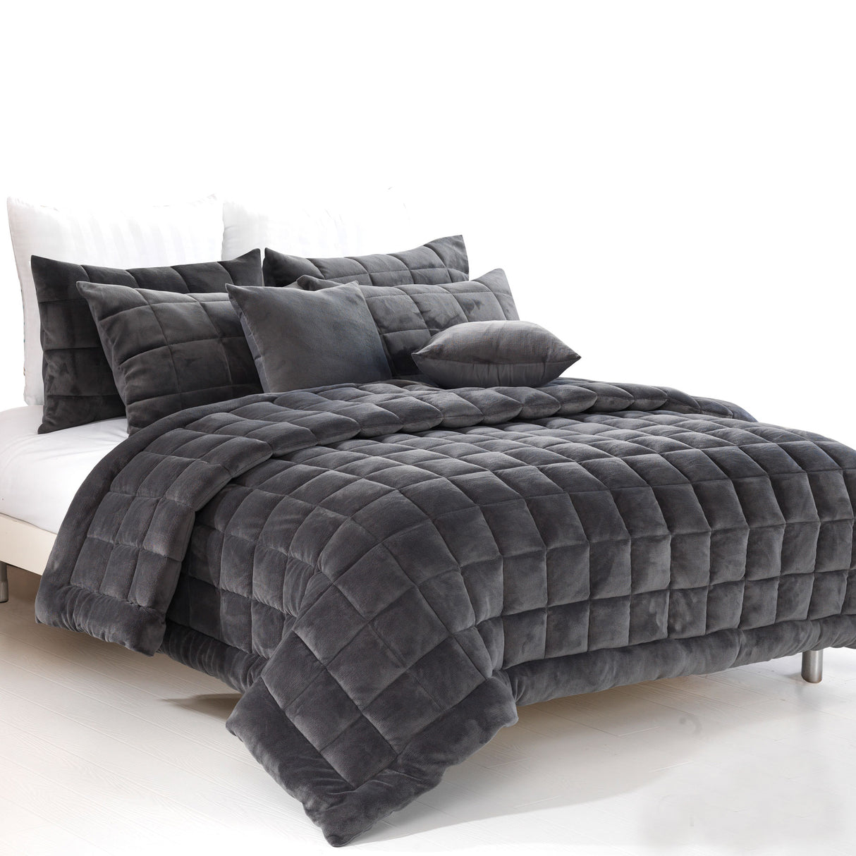 Augusta Faux Mink Quilt / Comforter Set Charcoal Queen