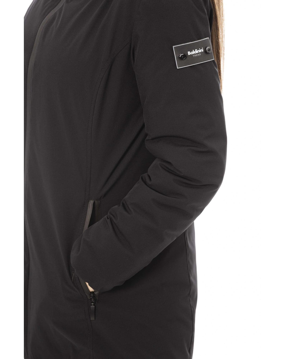 Black Down Jacket with Adjustable Hood and Baldinini Monograms XL Women