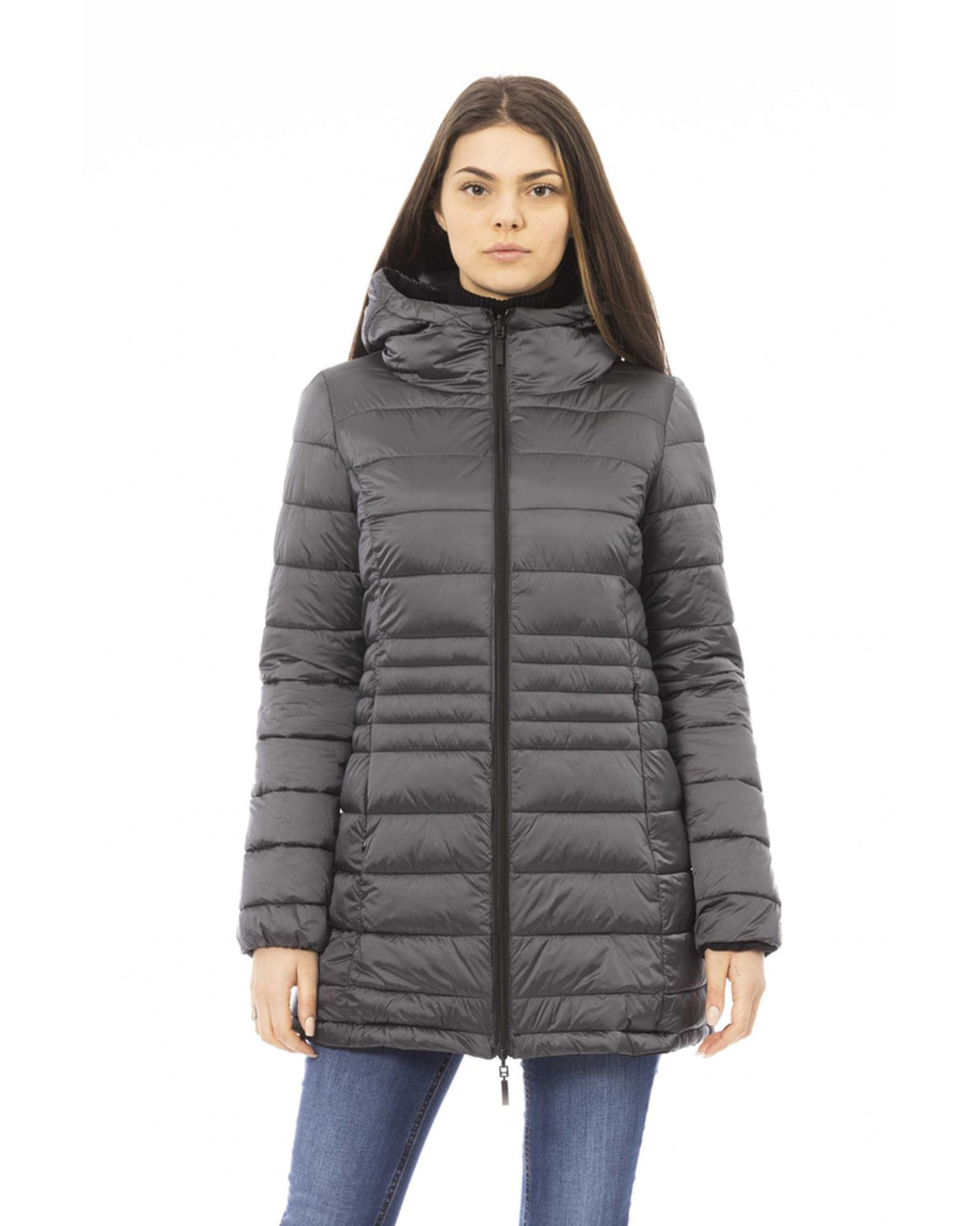Black Down Jacket with Adjustable Hood and Baldinini Monograms 2XL Women