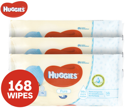 3x  Pk56 Baby Wipes Pure Unscented Sticky Top