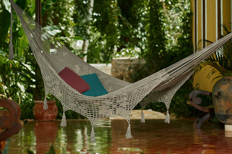 Outdoor undercover cotton  hammock with hand crocheted tassels Queen Size Dream Sands