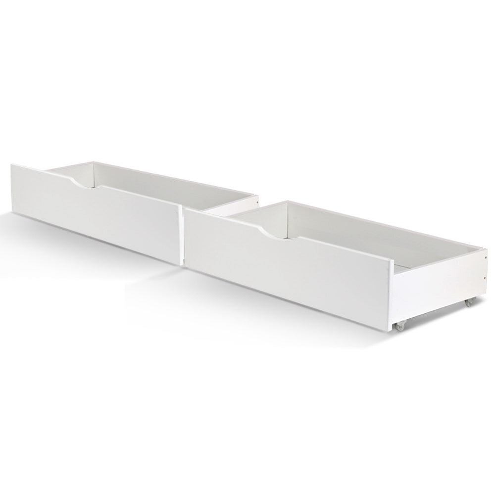 Set of 2 Bed Frame Storage Drawers Timber Trundle for Wooden Bed Frame Base White