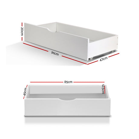 Set of 2 Bed Frame Storage Drawers Timber Trundle for Wooden Bed Frame Base White